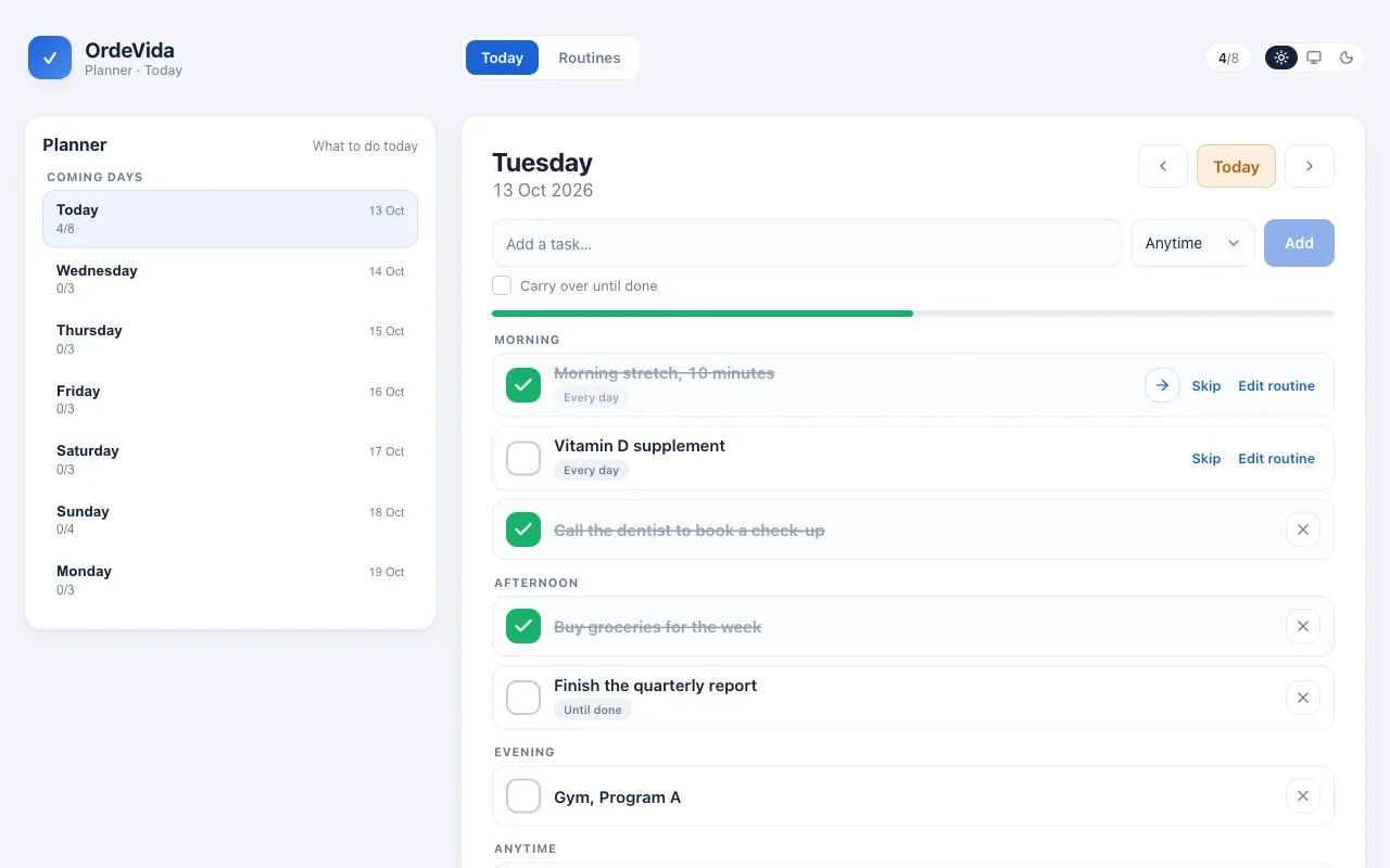 Today's checklist in OrdeVida with morning, afternoon and evening tasks